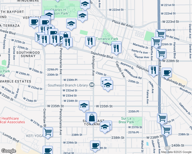 map of restaurants, bars, coffee shops, grocery stores, and more near 22925 Arlington Avenue in Torrance