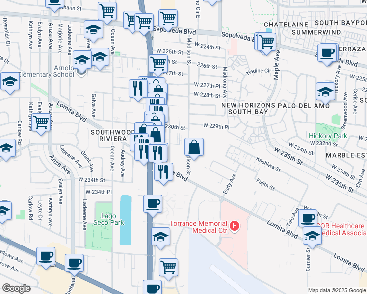 map of restaurants, bars, coffee shops, grocery stores, and more near 23025 Madison Street in Torrance