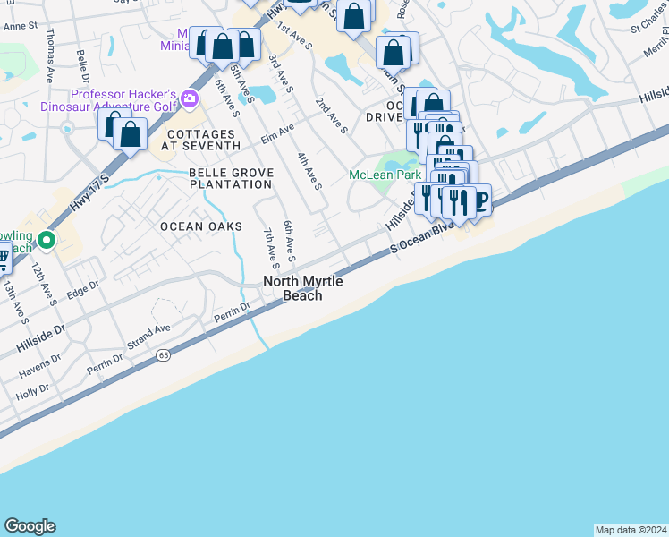 map of restaurants, bars, coffee shops, grocery stores, and more near 205 5th Avenue South in North Myrtle Beach