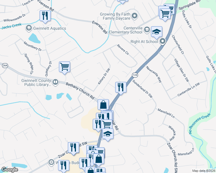 map of restaurants, bars, coffee shops, grocery stores, and more near 3822 Sunbridge Drive Southwest in Snellville
