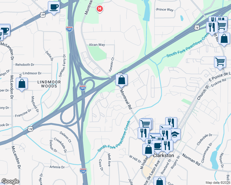 map of restaurants, bars, coffee shops, grocery stores, and more near 3488 Andrew Jackson Drive in Clarkston