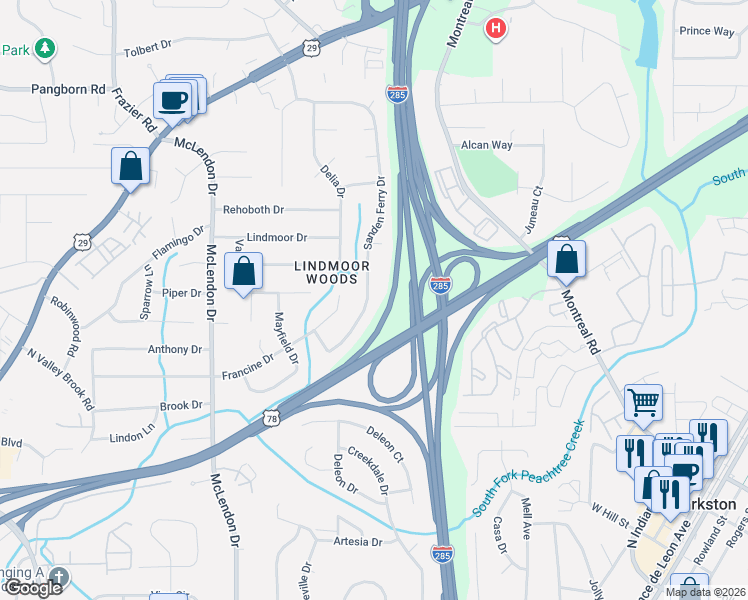 map of restaurants, bars, coffee shops, grocery stores, and more near 1271 Sanden Ferry Drive in Decatur