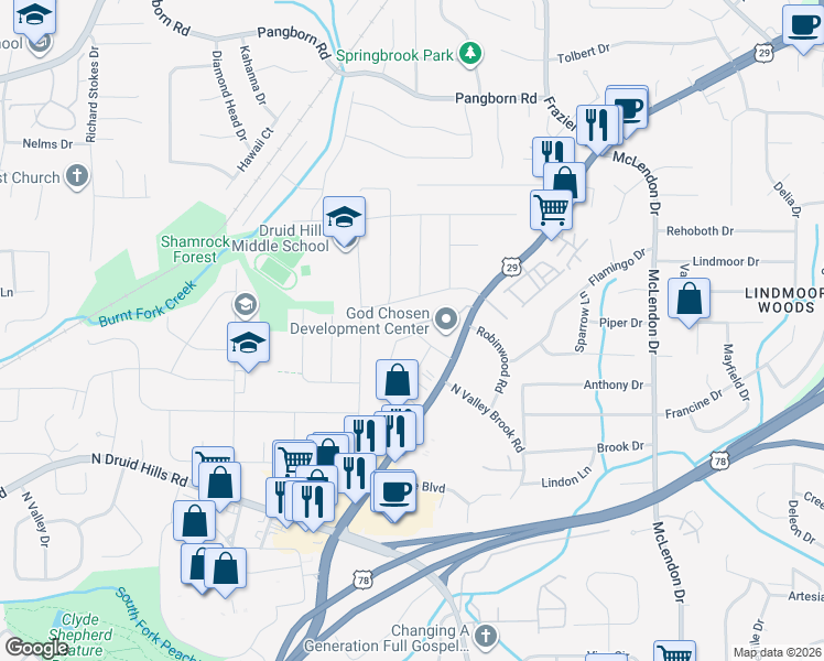 map of restaurants, bars, coffee shops, grocery stores, and more near 2909 Harcourt Drive in Decatur