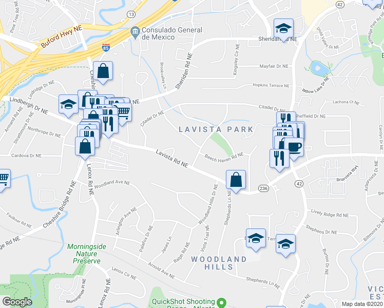 map of restaurants, bars, coffee shops, grocery stores, and more near 1260 Brook Forest Drive Northeast in Atlanta