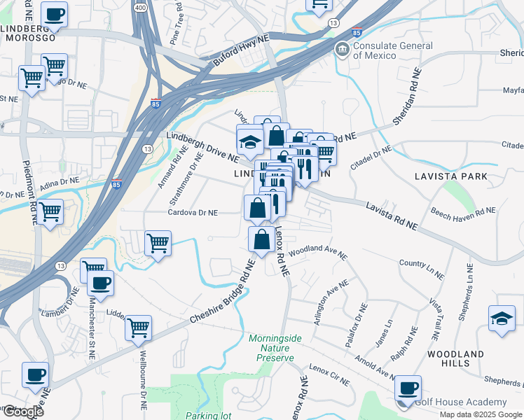 map of restaurants, bars, coffee shops, grocery stores, and more near in Atlanta