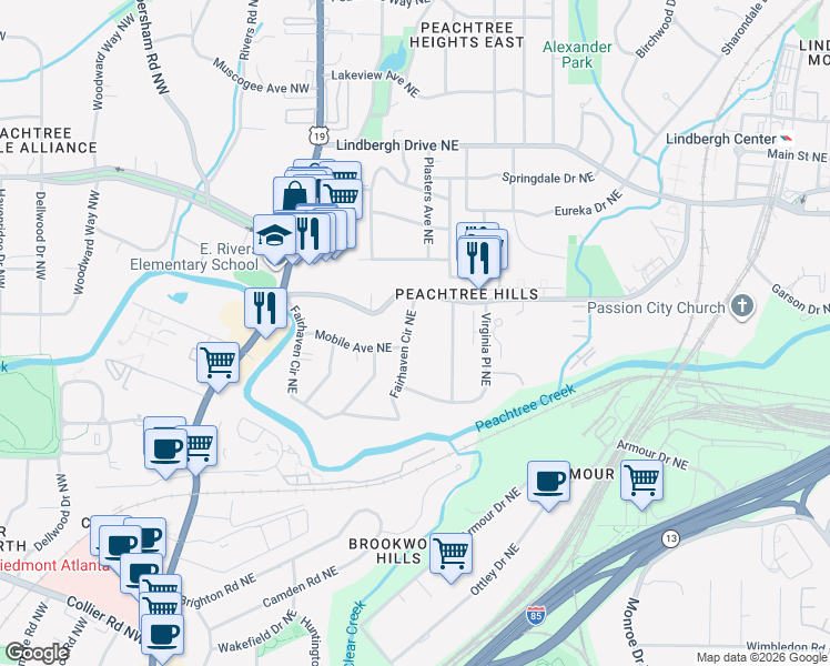 map of restaurants, bars, coffee shops, grocery stores, and more near 2269 Fairhaven Circle Northeast in Atlanta