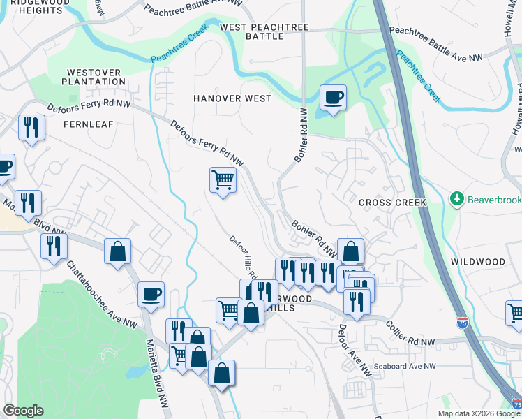map of restaurants, bars, coffee shops, grocery stores, and more near 2264 Defoors Ferry Road Northwest in Atlanta