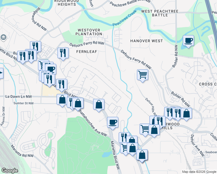 map of restaurants, bars, coffee shops, grocery stores, and more near 1469 Liberty Parkway Northwest in Atlanta