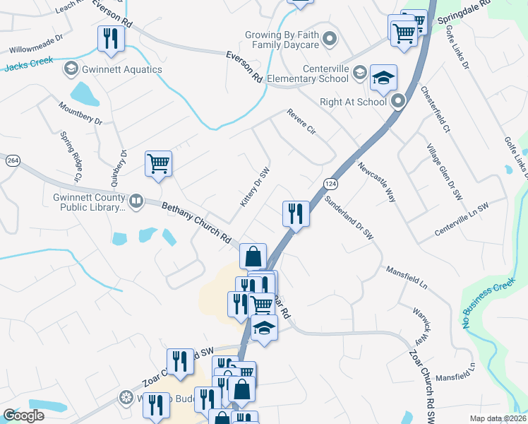 map of restaurants, bars, coffee shops, grocery stores, and more near 3822 Sunbridge Drive Southwest in Snellville