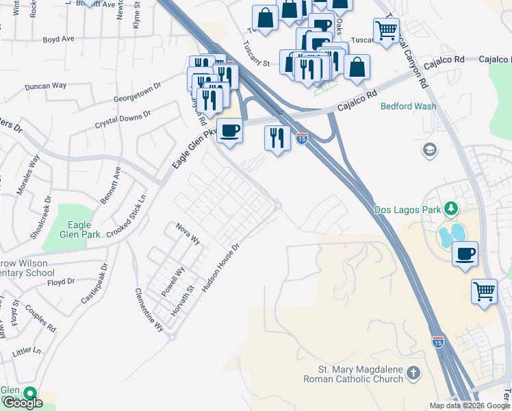 map of restaurants, bars, coffee shops, grocery stores, and more near 2561 Sprout Lane in Corona