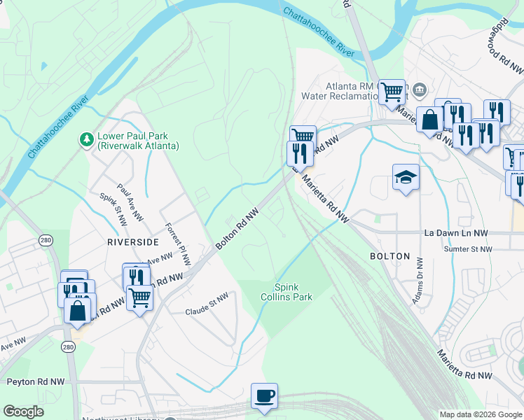 map of restaurants, bars, coffee shops, grocery stores, and more near 2213 Parkview Lane Northwest in Atlanta