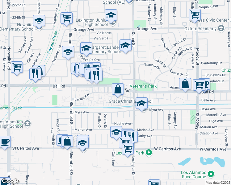 map of restaurants, bars, coffee shops, grocery stores, and more near 4359 Larwin Avenue in Cypress