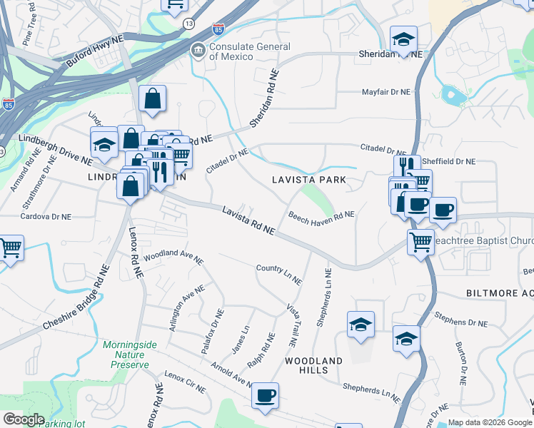 map of restaurants, bars, coffee shops, grocery stores, and more near 1175 Beech Haven Road Northeast in Atlanta