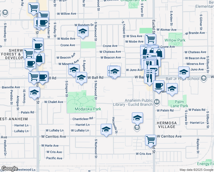 map of restaurants, bars, coffee shops, grocery stores, and more near 1800 West Ball Road in Anaheim