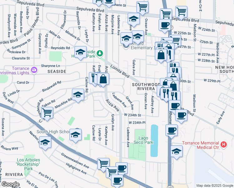 map of restaurants, bars, coffee shops, grocery stores, and more near 4216 Calle Mayor in Torrance