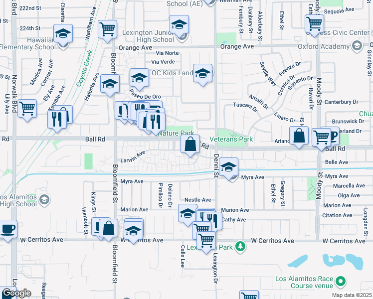 map of restaurants, bars, coffee shops, grocery stores, and more near 4359 Larwin Avenue in Cypress