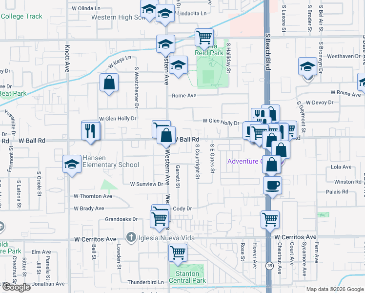 map of restaurants, bars, coffee shops, grocery stores, and more near 3146 West Ball Road in Anaheim