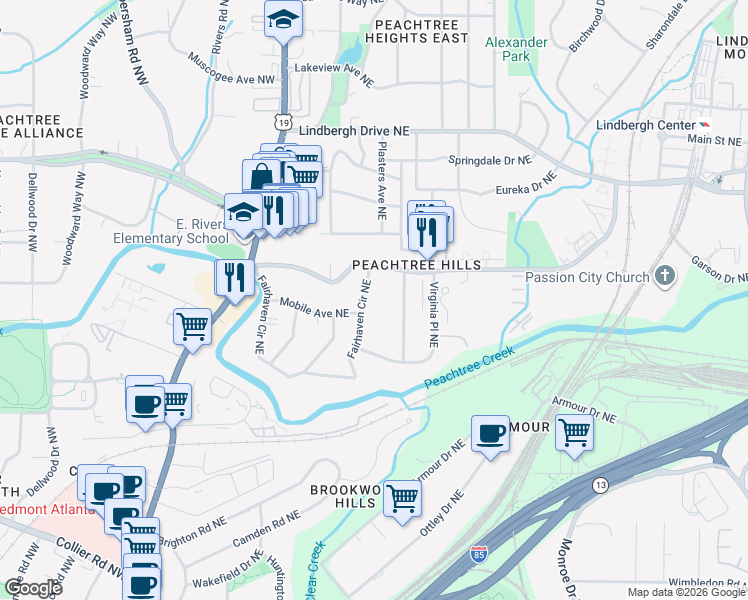 map of restaurants, bars, coffee shops, grocery stores, and more near 2269 Fairhaven Cir NE in Atlanta