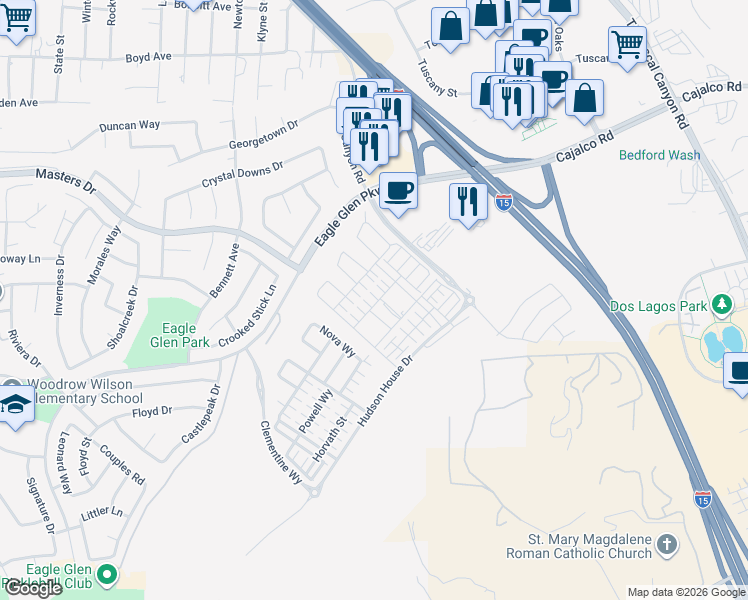 map of restaurants, bars, coffee shops, grocery stores, and more near 4044 Shada Lane in Corona