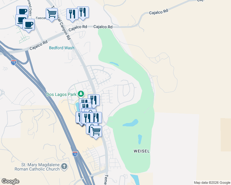 map of restaurants, bars, coffee shops, grocery stores, and more near 4340 Cantada Drive in Corona