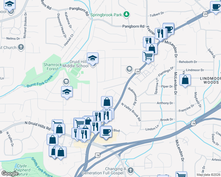 map of restaurants, bars, coffee shops, grocery stores, and more near 2909 Harcourt Drive in Decatur