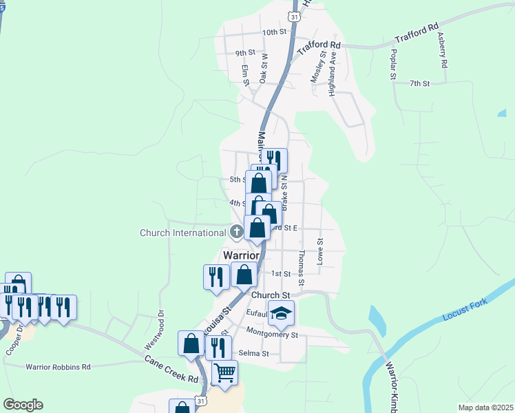 map of restaurants, bars, coffee shops, grocery stores, and more near 409 Main Street North in Warrior