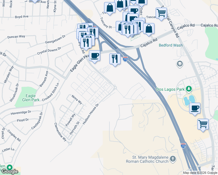 map of restaurants, bars, coffee shops, grocery stores, and more near 2615 Sprout Lane in Corona