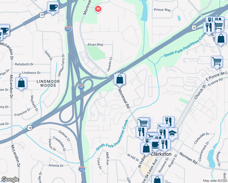 map of restaurants, bars, coffee shops, grocery stores, and more near 3488 Andrew Jackson Drive in Clarkston