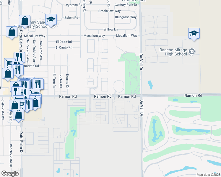 map of restaurants, bars, coffee shops, grocery stores, and more near 619 Via Firenze in Cathedral City