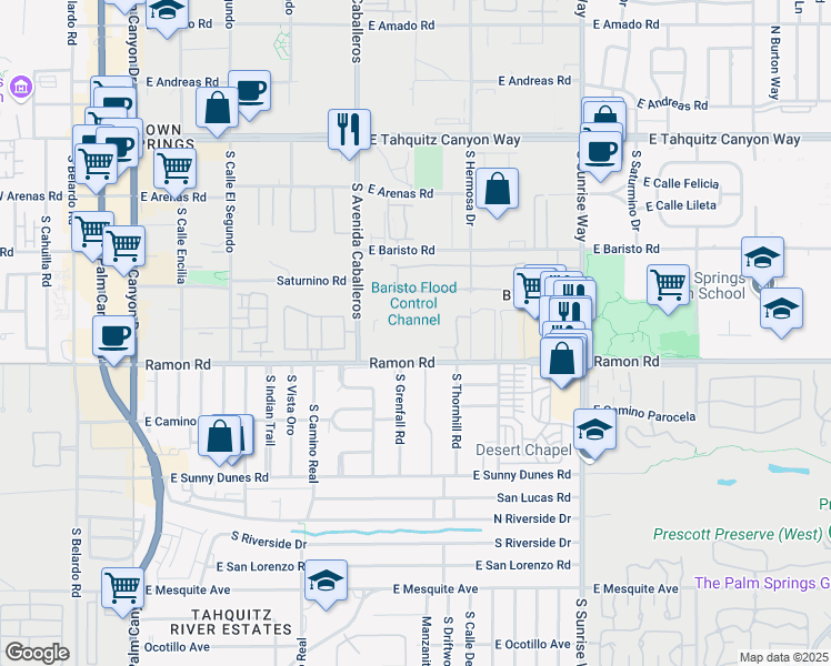 map of restaurants, bars, coffee shops, grocery stores, and more near 1050 Ramon Road in Palm Springs