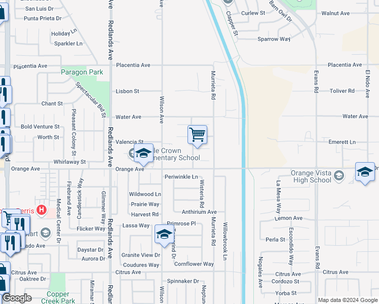 map of restaurants, bars, coffee shops, grocery stores, and more near 2454 Forest Grove Lane in Perris