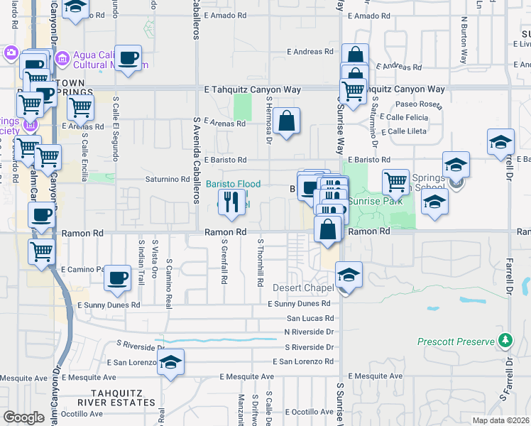 map of restaurants, bars, coffee shops, grocery stores, and more near 1268 Ramon Road in Palm Springs