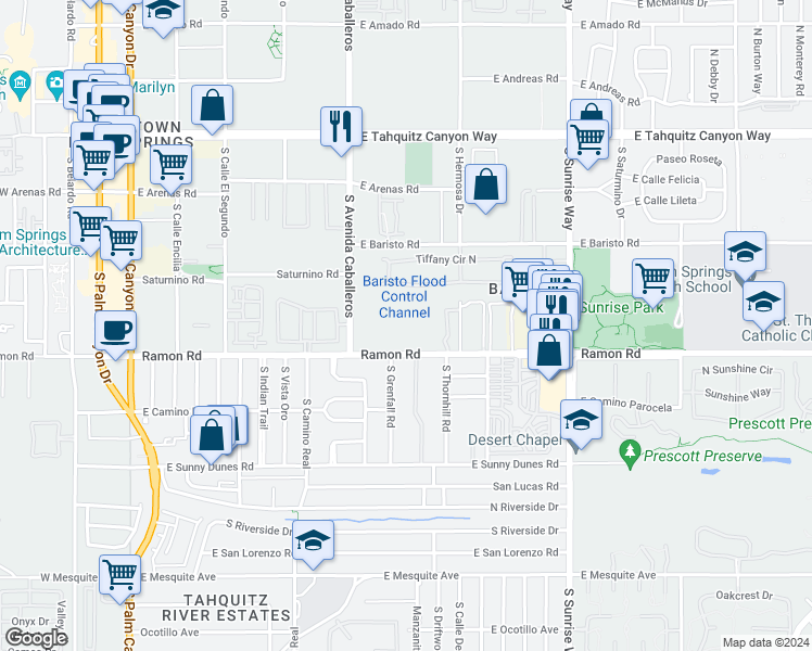 map of restaurants, bars, coffee shops, grocery stores, and more near 1135 Tiffany Circle South in Palm Springs