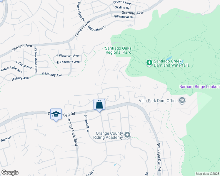 map of restaurants, bars, coffee shops, grocery stores, and more near 7332 East Grovewood Lane in Orange