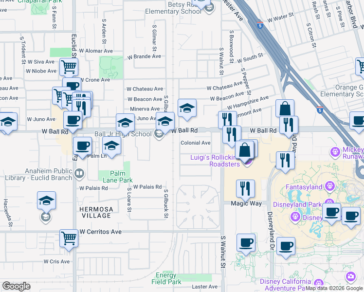 map of restaurants, bars, coffee shops, grocery stores, and more near 1417 Colonial Avenue in Anaheim