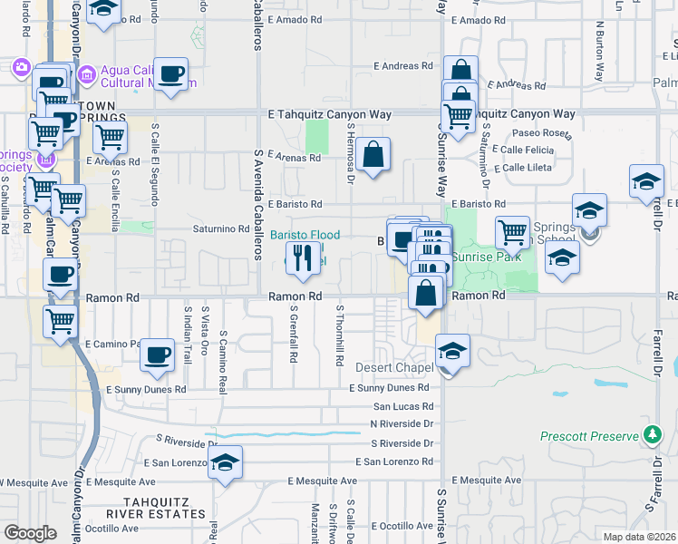map of restaurants, bars, coffee shops, grocery stores, and more near 1253 Tiffany Circle South in Palm Springs