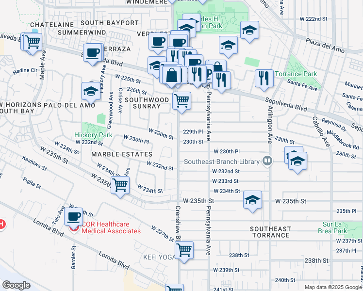 map of restaurants, bars, coffee shops, grocery stores, and more near 2460 229th Place in Torrance