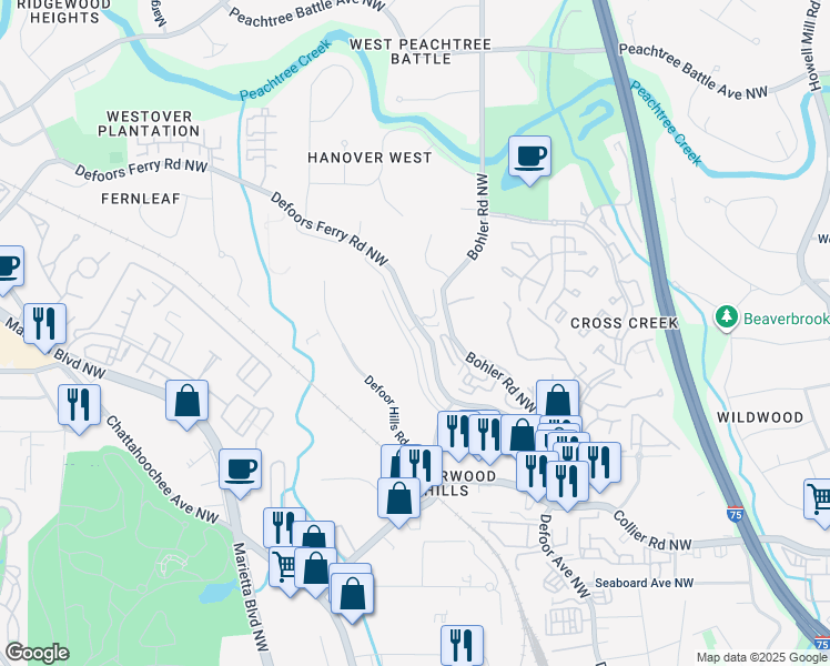 map of restaurants, bars, coffee shops, grocery stores, and more near 2264 Defoors Ferry Road Northwest in Atlanta