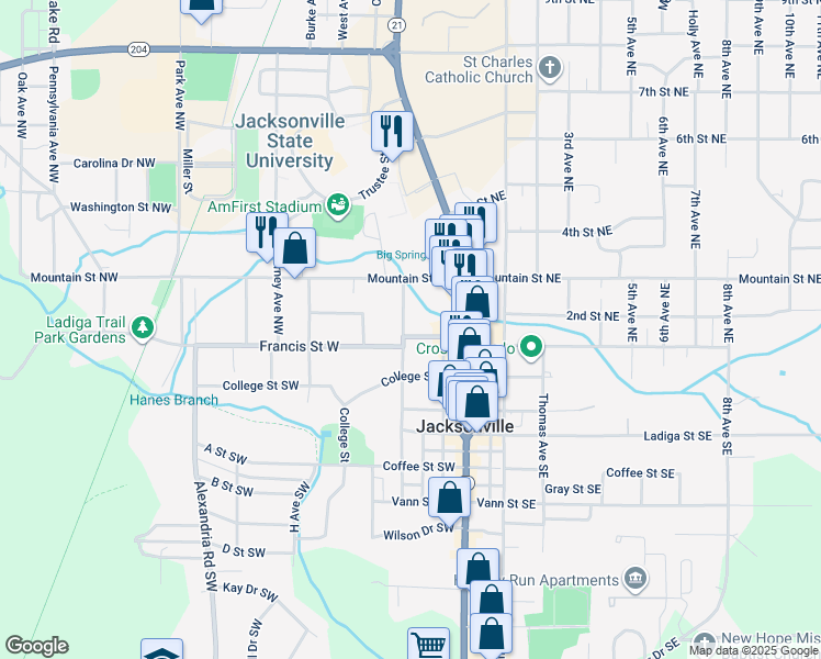 map of restaurants, bars, coffee shops, grocery stores, and more near 401 Spring Avenue Northwest in Jacksonville