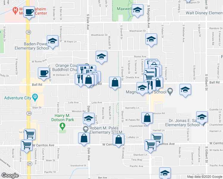 map of restaurants, bars, coffee shops, grocery stores, and more near 1234 South Macduff Street in Anaheim