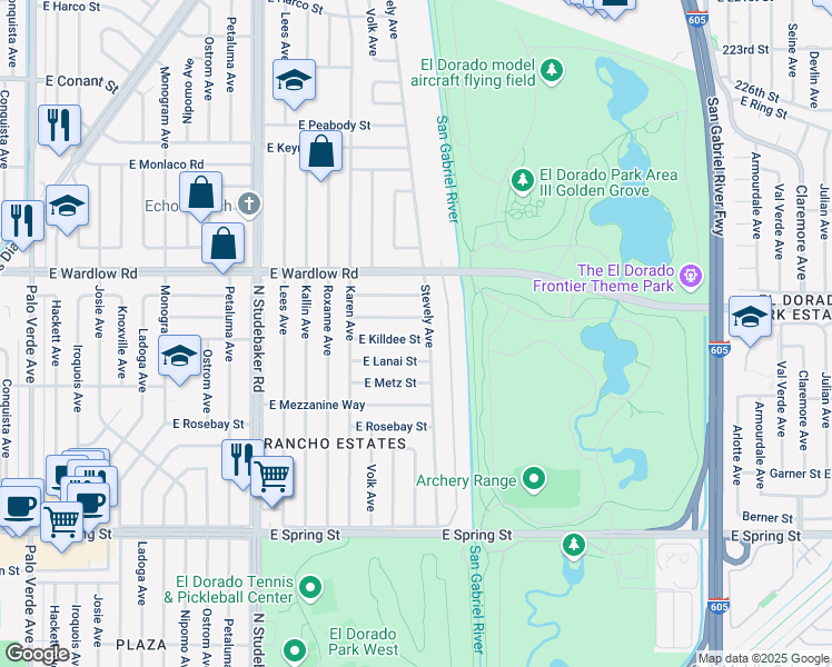 map of restaurants, bars, coffee shops, grocery stores, and more near 7209 East Premium Street in Long Beach
