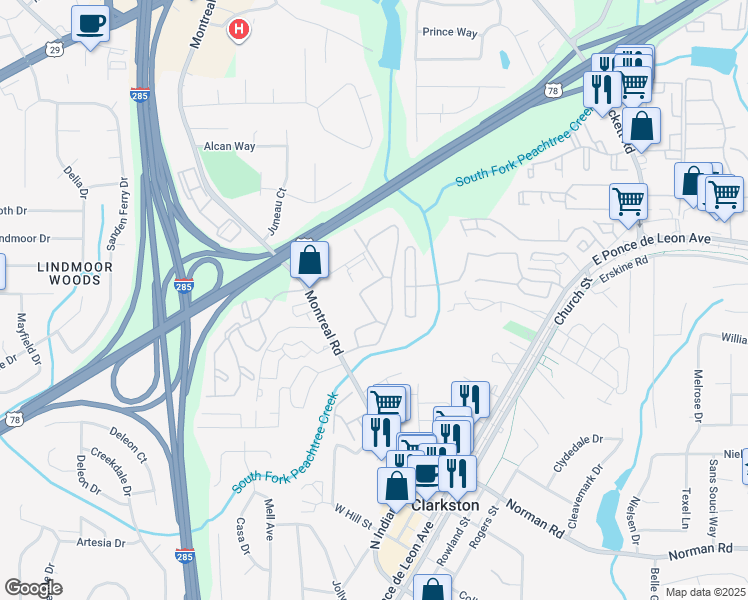 map of restaurants, bars, coffee shops, grocery stores, and more near 3629 Montreal Creek Circle in Clarkston