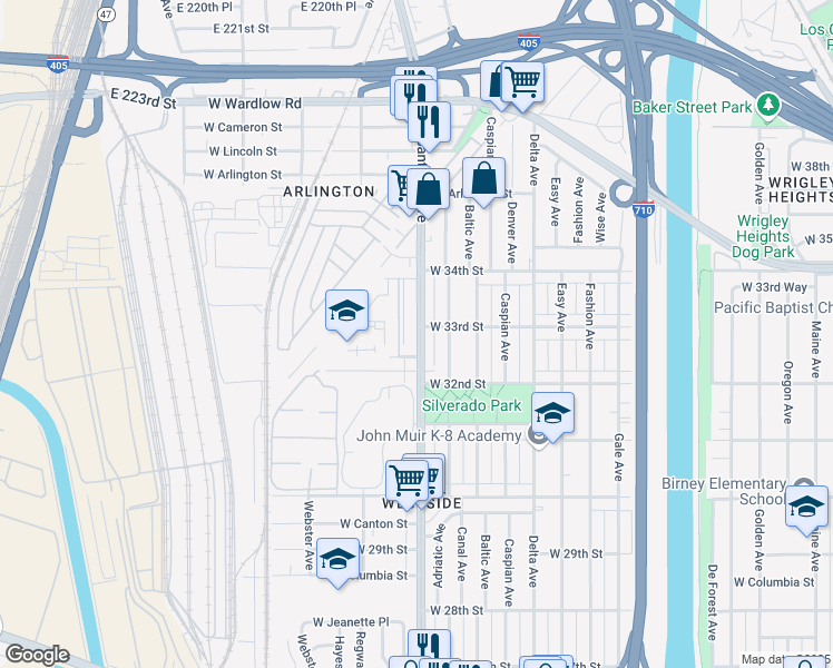 map of restaurants, bars, coffee shops, grocery stores, and more near 3301 Santa Fe Avenue in Long Beach