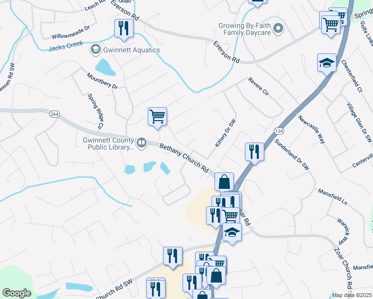 map of restaurants, bars, coffee shops, grocery stores, and more near 3845 Fryeburg Lane in Snellville
