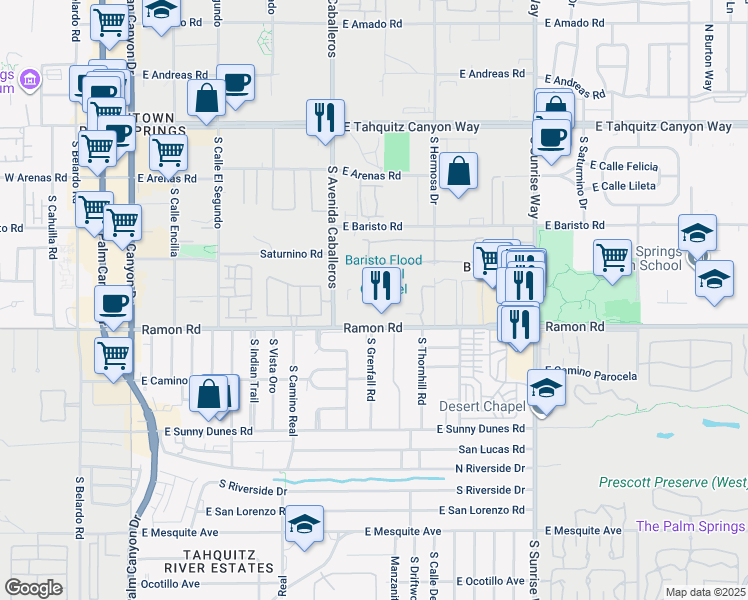 map of restaurants, bars, coffee shops, grocery stores, and more near 1135 Tiffany Circle South in Palm Springs