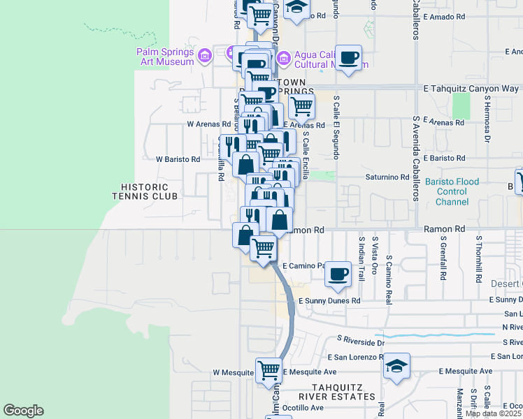 map of restaurants, bars, coffee shops, grocery stores, and more near 415 South Palm Canyon Drive in Palm Springs