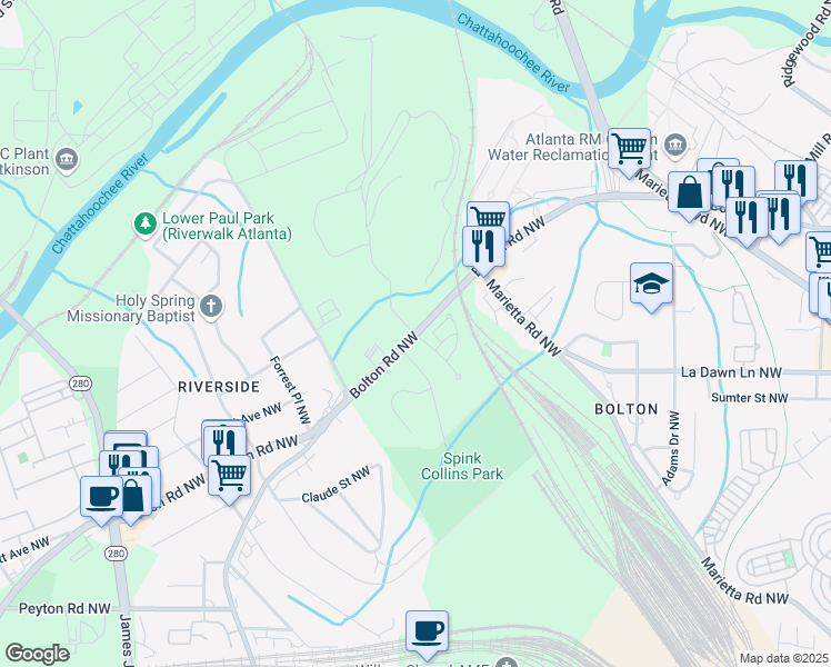 map of restaurants, bars, coffee shops, grocery stores, and more near Bolton Rd & Parkview Ln NW in Atlanta