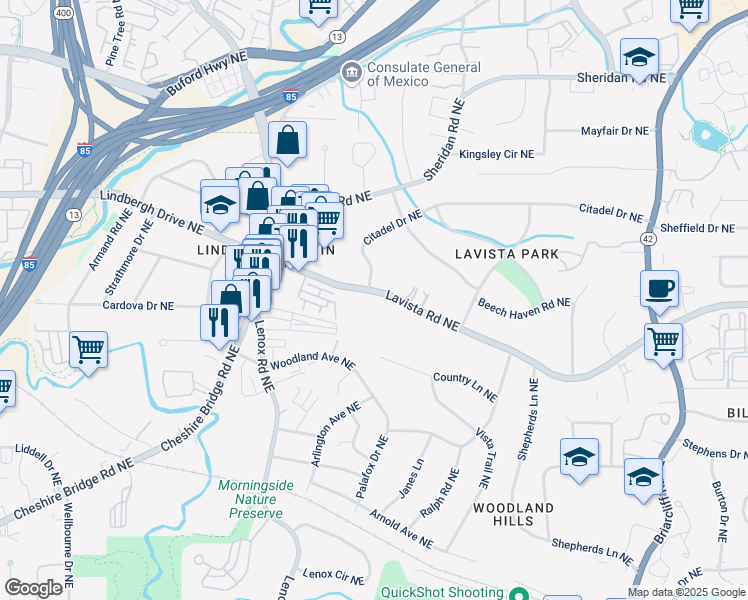 map of restaurants, bars, coffee shops, grocery stores, and more near 1301 Lavista Road Northeast in Atlanta