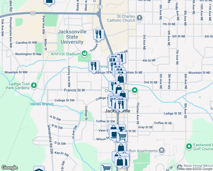 map of restaurants, bars, coffee shops, grocery stores, and more near 215 Francis Street West in Jacksonville