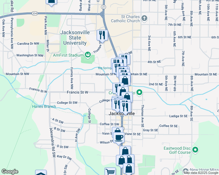 map of restaurants, bars, coffee shops, grocery stores, and more near 219 Francis Street West in Jacksonville